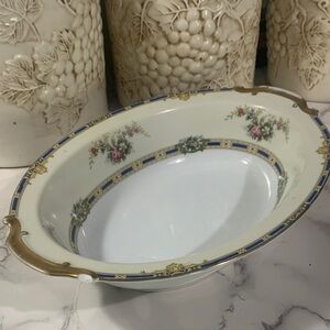 Noritake Cream and Gold Oval Porcelain Serving Bowl with Blue Trim